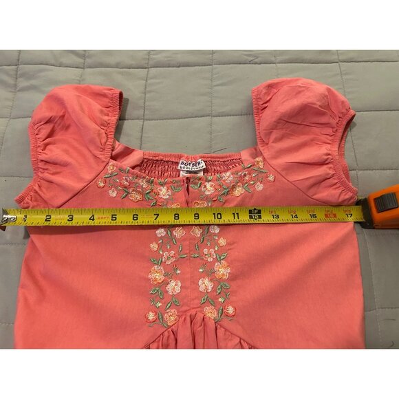 Blueberi Boulevard Coral Pink Midi Dress Puff Sleeve Embroidered Floral Cottagec - Picture 3 of 13